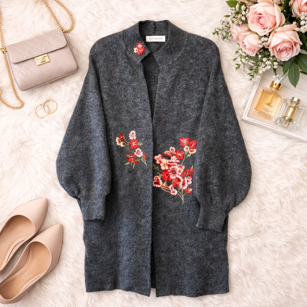 Simply Couture Floral Embroidered Charcoal Cardigan LRG Boho Fairycore Romantic